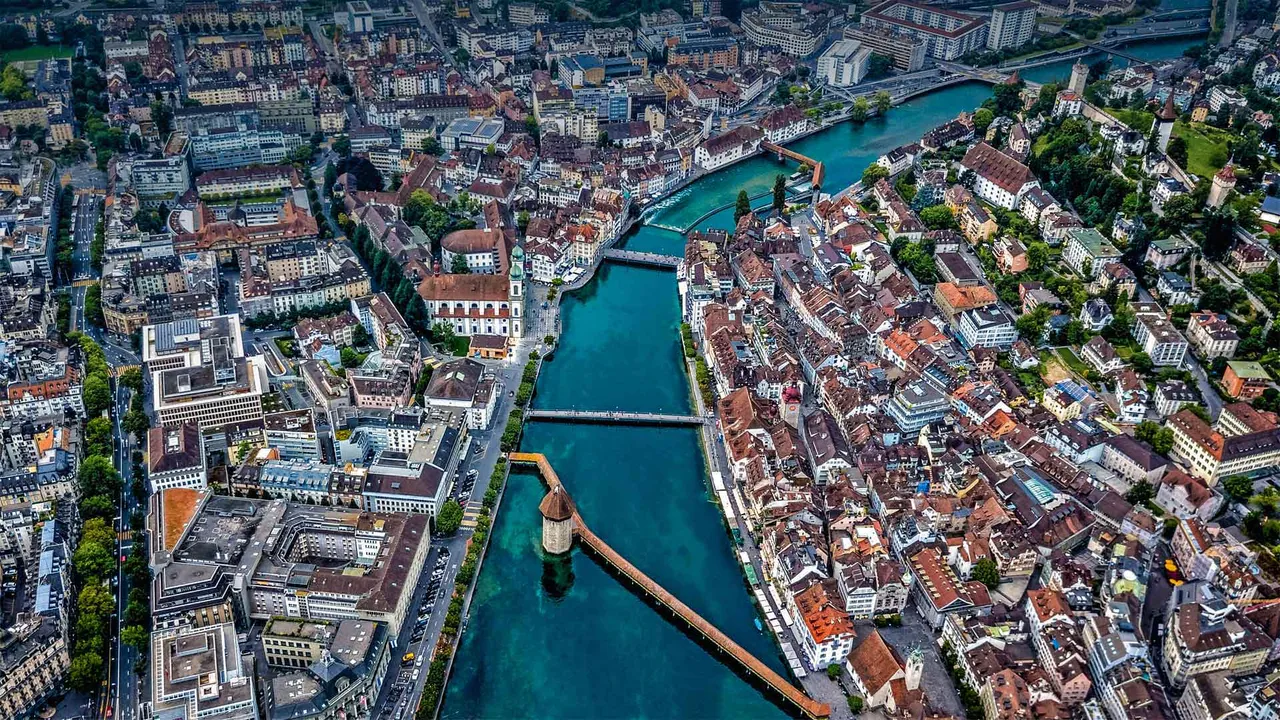 Aerial view of Chapel Bridge over the river Reuss in Lucerne, Switzerland